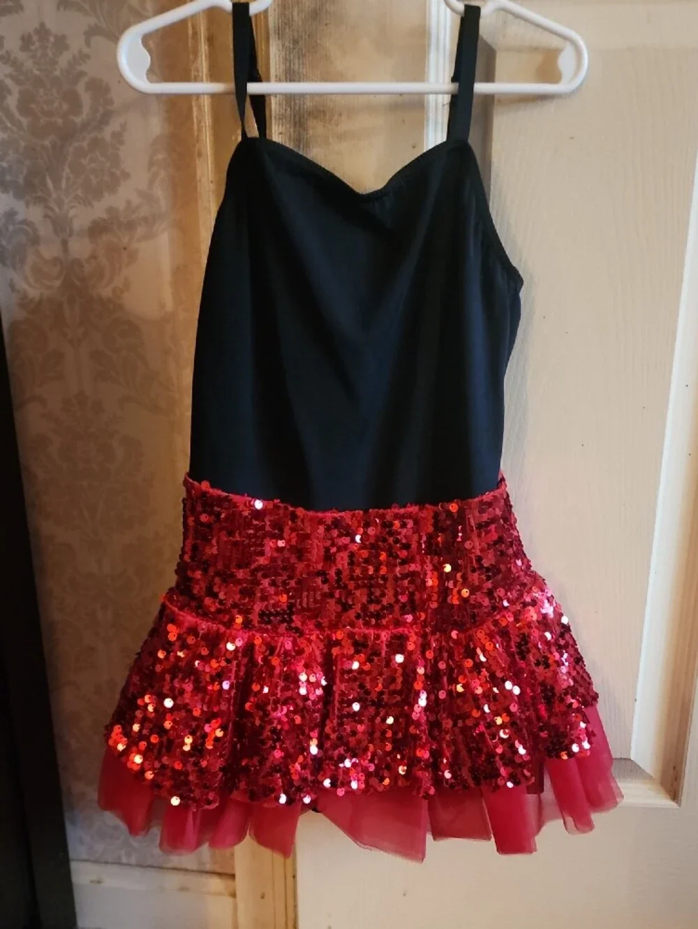 Red Sequin Dance Dress with Black Vinyl Jacket